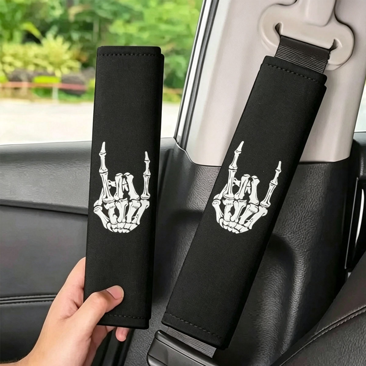 Leather Belt Braided - Skull Gesture Print Car Seat Belt