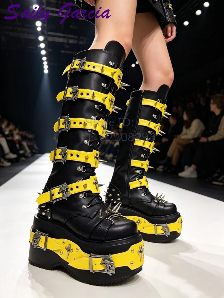 Skull Rivet Punk Knee-high Boo - Leather Belt Braided recension och pris