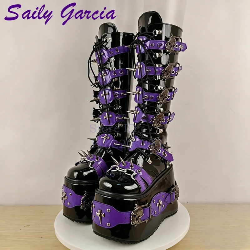 Skull Rivet Punk Knee-high Boo - Leather Belt Braided recension och pris