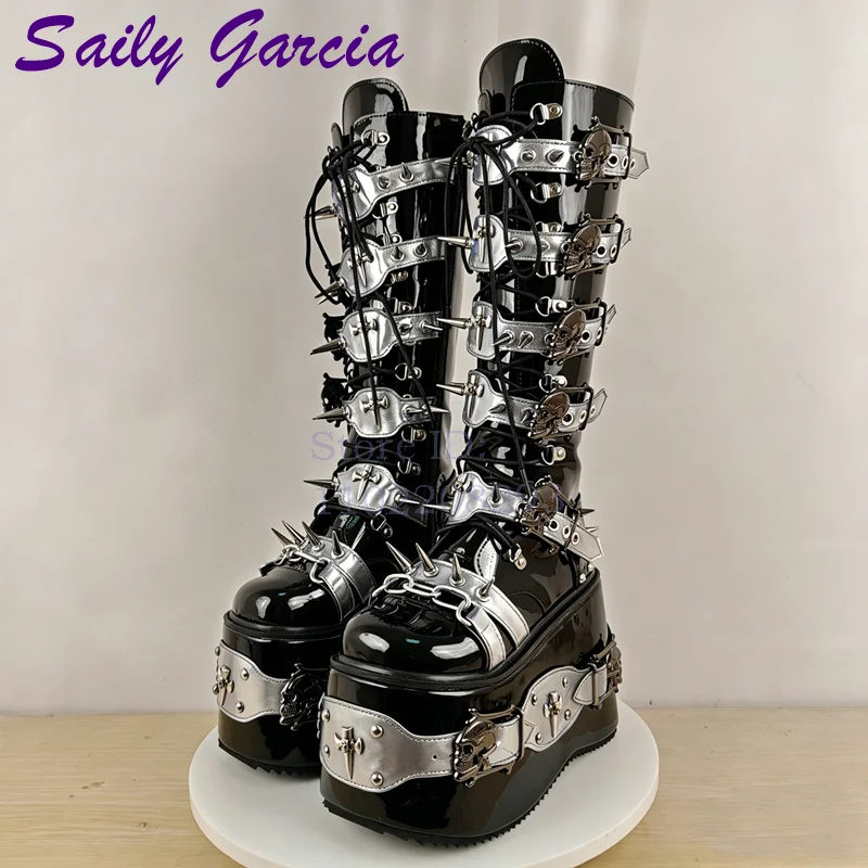 Skull Rivet Punk Knee-high Boo - Leather Belt Braided recension och pris